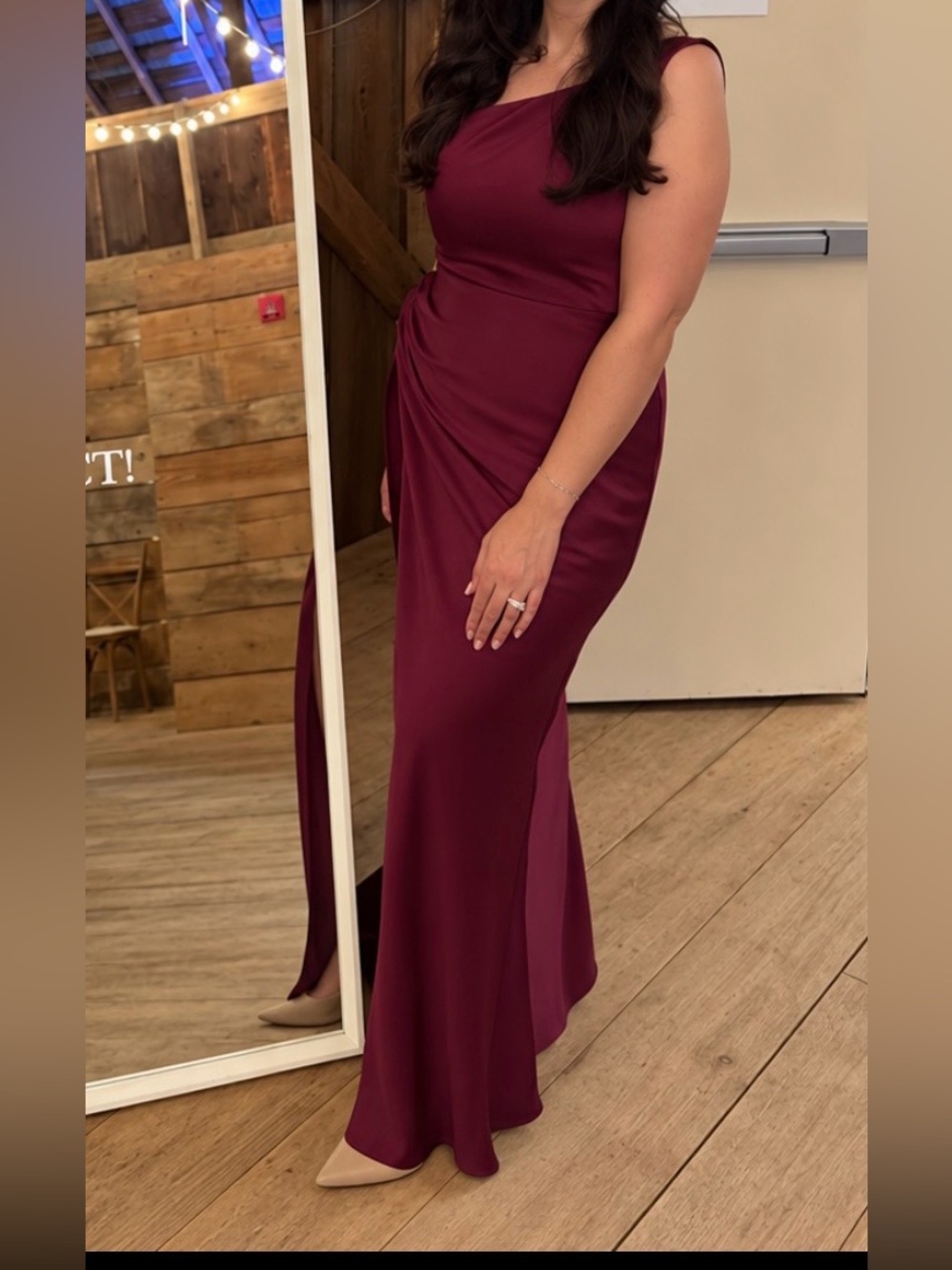 Azazie Satin Cowl Neck Evening Dress in Burgundy